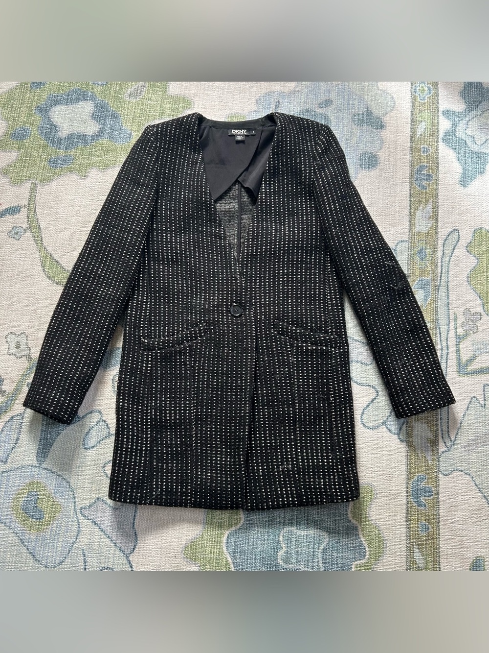 DKNY Petite 100% Wool Tweed Car Coat Black White Made in Italy
